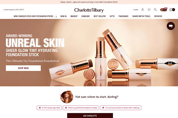 The homepage of Charlotte Tilbury
