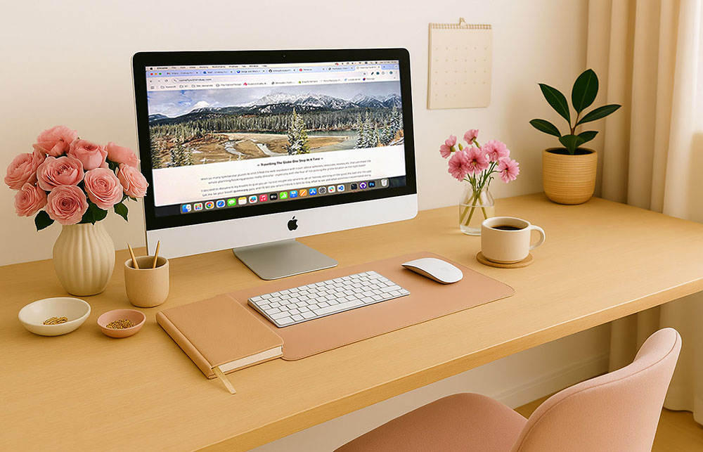 A desk scene with a iMac open on the Come Fly With Lindsay travel blog site
