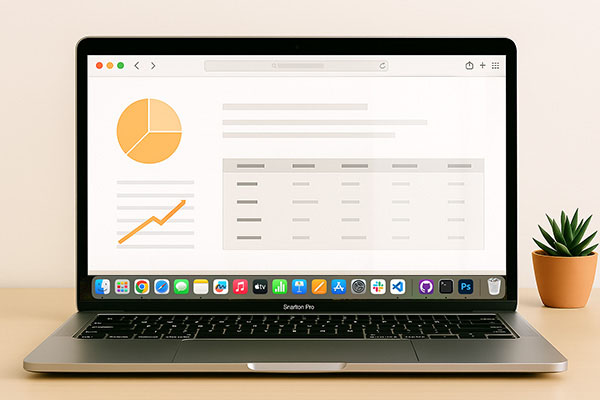 A desk scene with laptop displaying graphs